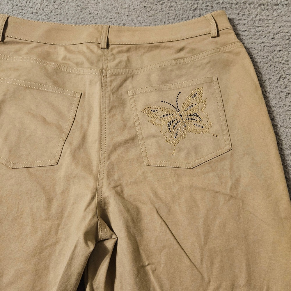 St. John Sport Tan Khaki Butterfly Rhinestone Straight Leg Pants Womens Size 12